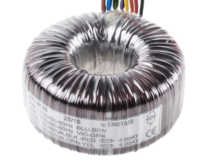 Transformateur torique RS PRO 2 sorties, 115 V ac, 230 V ac → 2 x 15V c.a., 120VA
