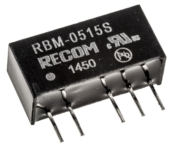 Recom RBM DC-DC Converter, 15V dc/ 66mA Output, 4.5 → 5.5 V dc Input, 1W, Through Hole, +85°C Max Temp -40°C Min