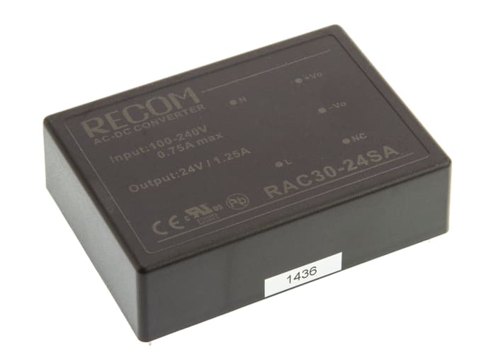 Recom Switching Power Supply, RAC30-24SA, 24V dc, 1.25A, 30W, 1 Output, 90 → 264V ac Input Voltage