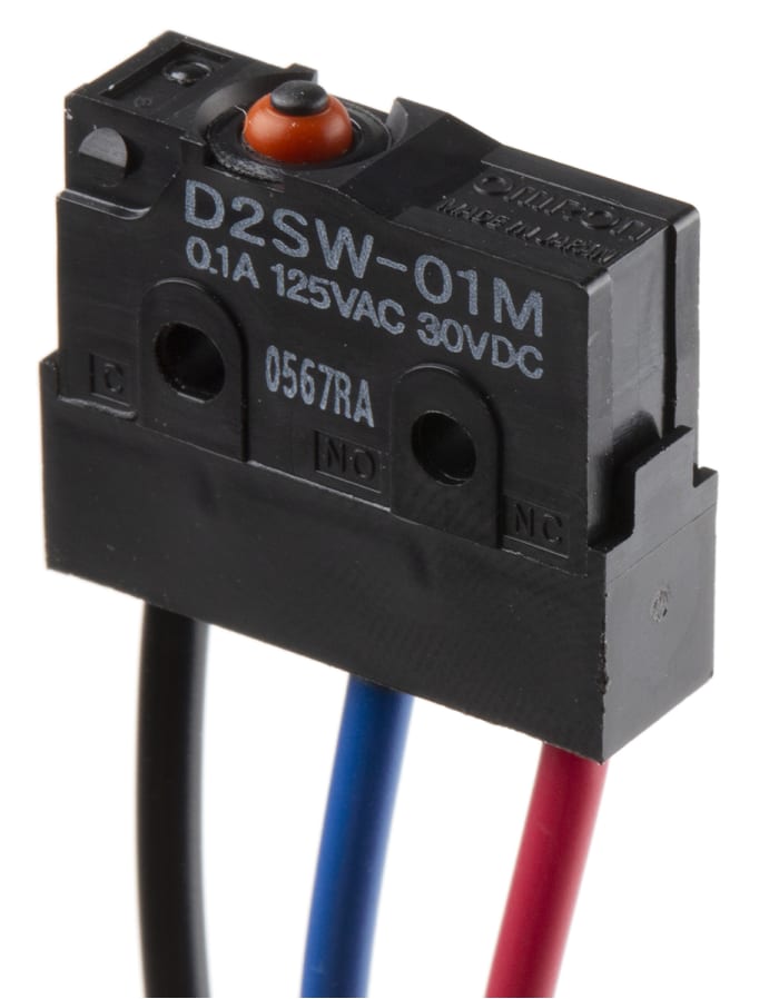 Omron Pin Plunger Micro Switch, Pre-wired Terminal, 100 mA @ 30 V dc, SPDT, IP67