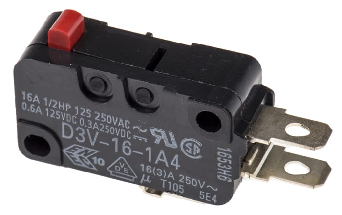 Omron Pin Plunger Micro Switch, Solder, Tab Terminal, 16 A @ 250 V ac, SPDT, IP40