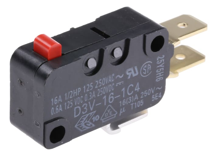 Omron Pin Plunger Micro Switch, Tab Terminal, 16 A @ 250 V ac, SPDT, IP40
