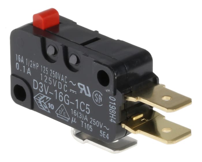 Omron Pin Plunger Micro Switch, Tab Terminal, 16 A @ 250 V ac, SPDT, IP40