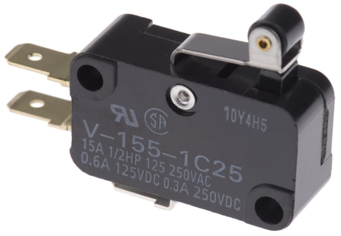 Omron Short Roller Lever Micro Switch, Tab Terminal, 15 A @ 250 V ac, SPDT, IP40