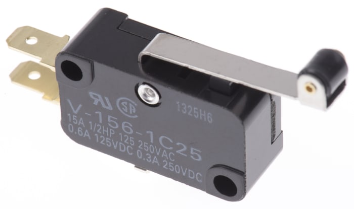 Omron Roller Lever Micro Switch, Tab Terminal, 15 A @ 250 V ac, SPDT, IP40