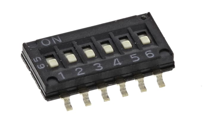 Interruptor DIP, 6 polos, Montaje superficial, Actuador Deslizante, 25 mA a 24 V dc, 6 vías, -20 → +70°C