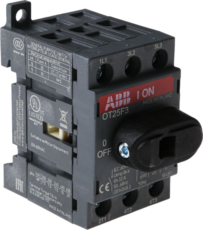 ABB 3P Pole DIN Rail Non Fused Isolator Switch - 25A Maximum Current, 9kW Power Rating, IP20