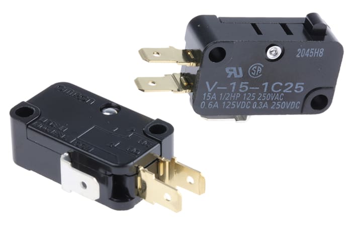 Omron Pin Plunger Micro Switch, Tab Terminal, 15 A @ 250 V ac, SPDT, IP40