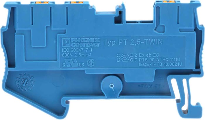 Bloc de jonction de traversée Phoenix Contact PT 2.5-TWIN BU, 0.14 → 4mm², Enfichable, Bleu