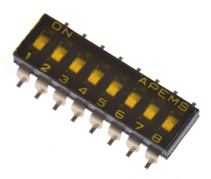 Interruptor DIP, SPST, Montaje superficial, Actuador Actuador rebajado, deslizante, 25 mA a 24 V dc, 8 vías, -20