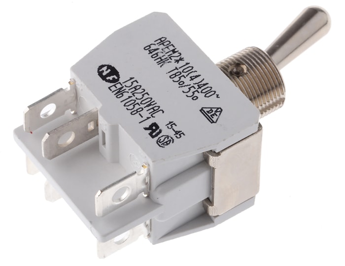 APEM Toggle Switch, Panel Mount, On-On, DPST, Solder Lug Terminal, 250V ac