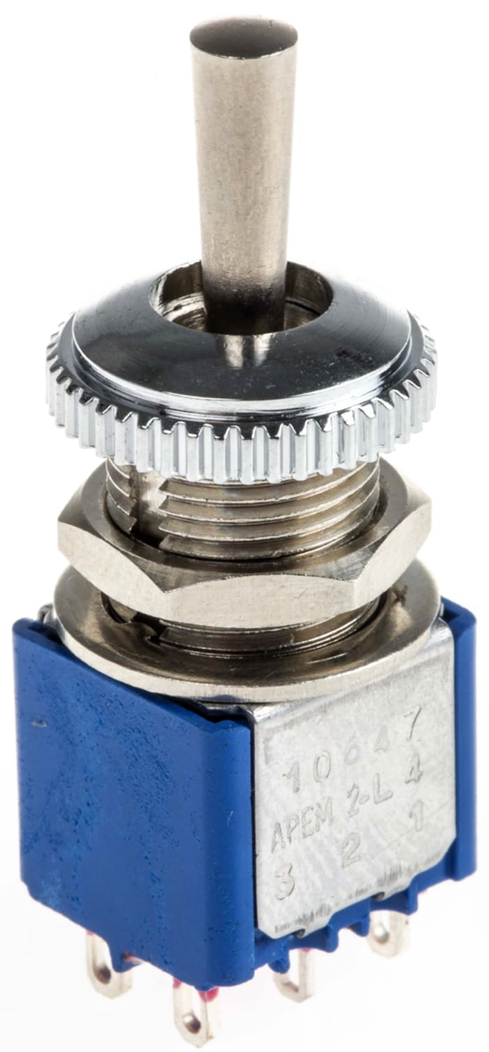 APEM Toggle Switch, Panel Mount, (On)-Off-(On), DPDT, Solder Terminal, 24V dc