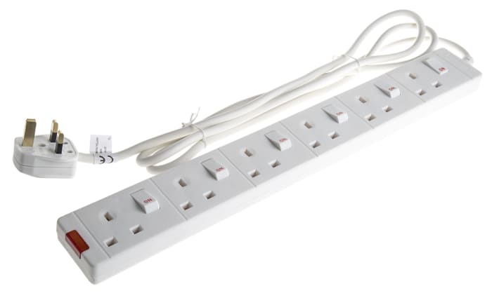 RS PRO Type G - British 6 Gang Power Distribution Unit, 2m Cable
