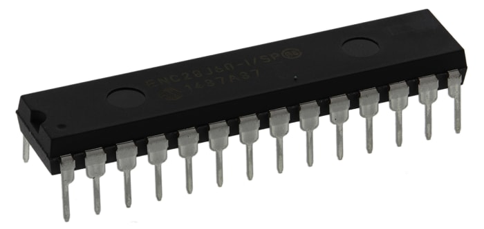 Microchip ENC28J60-I/SP, Ethernet Controller, 10Mbps, Serial-SPI, 3.3 V, 28-Pin SPDIP