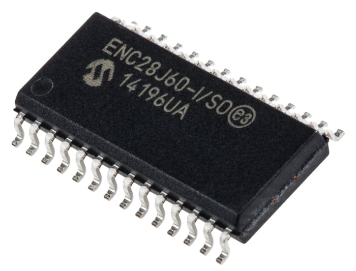Microchip ENC28J60-I/SO, Ethernet Controller, 10Mbps SPI, Serial-SPI, 3.3 V, 28-Pin SOIC