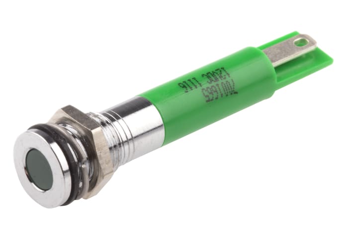 RS PRO Green Panel Mount Indicator, 12V dc, 8mm Mounting Hole Size, Solder Tab Termination, IP67