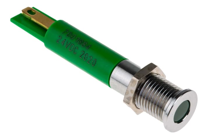 RS PRO Green Panel Mount Indicator, 24V dc, 8mm Mounting Hole Size, Solder Tab Termination, IP67