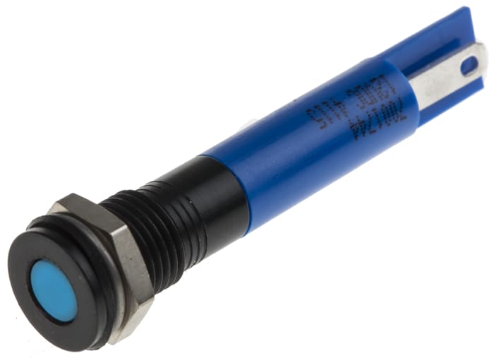RS PRO Blue Panel Mount Indicator, 12V dc, 8mm Mounting Hole Size, Solder Tab Termination, IP67