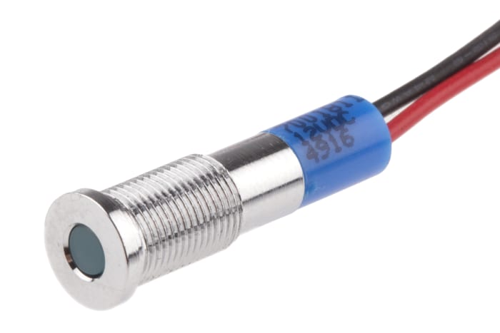 Indicador LED RS PRO, Azul, lente enrasada, marco Cromo, Ø montaje 6mm, 12V dc, 20mA, 8mcd, IP67