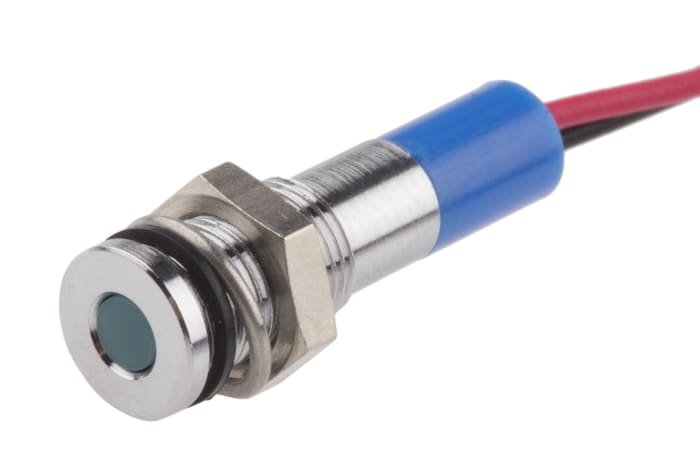 RS PRO Blue Panel Mount Indicator, 24V dc, 6mm Mounting Hole Size, Lead Wires Termination, IP67