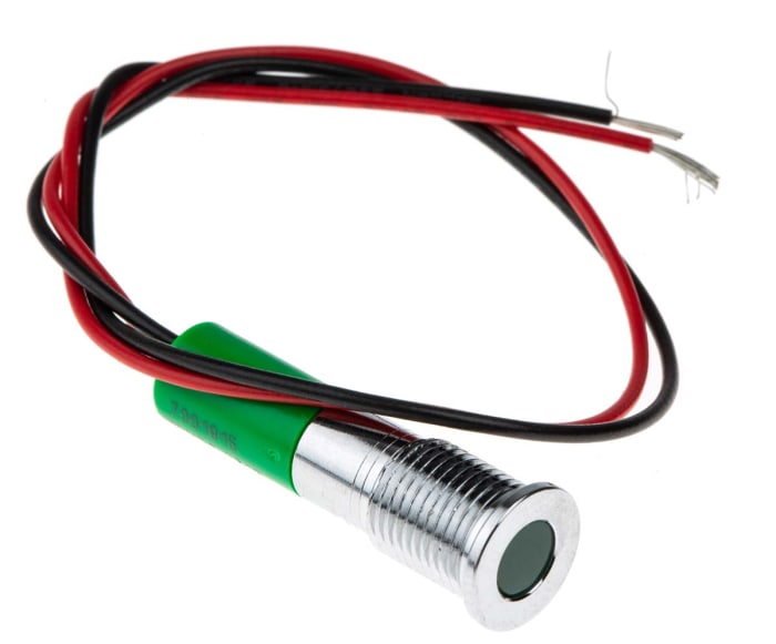 RS PRO Green Panel Mount Indicator, 12V dc, 8mm Mounting Hole Size, Lead Wires Termination, IP67