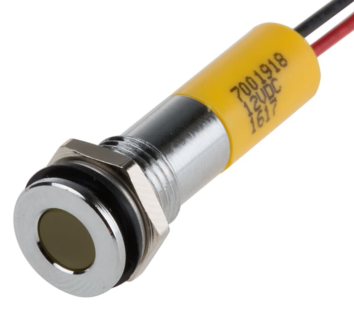 RS PRO Yellow Panel Mount Indicator, 12V dc, 8mm Mounting Hole Size, Lead Wires Termination, IP67