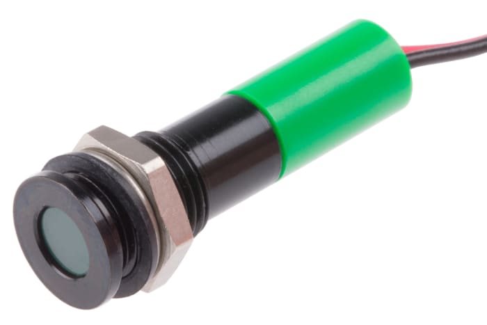RS PRO Green Panel Mount Indicator, 12V dc, 8mm Mounting Hole Size, Lead Wires Termination, IP67