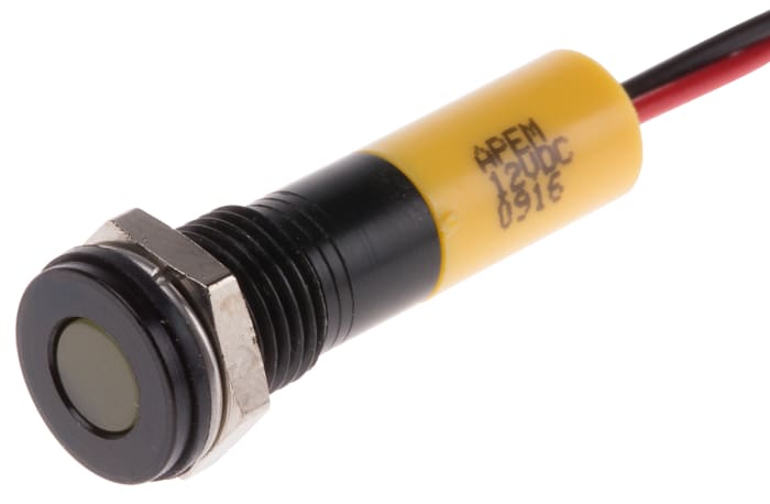 RS PRO Yellow Panel Mount Indicator, 12V dc, 8mm Mounting Hole Size, Lead Wires Termination, IP67