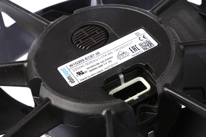 ebm-papst W1G200 Series Axial Fan, 230 V ac, AC Operation, 500m³/h, 11W, 90mA Max, 200 x 78.5mm ebm-papst W1G200 Series Axial Fan, 230 V ac, AC Operation, 500m³/h, 11W, 90mA Max, 200 x 78.5mm