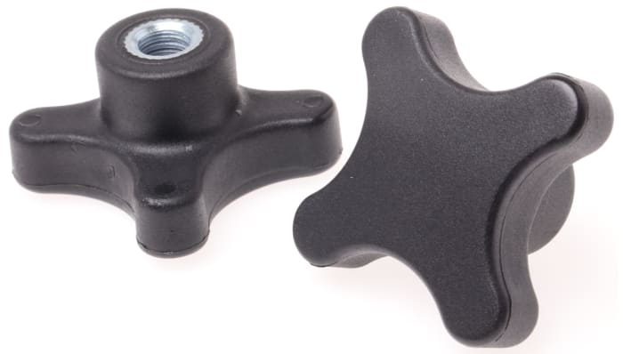 RS PRO Black Thermoplastic 4-Arm Clamping Knob, M10, Threaded Through Hole