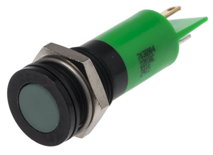 RS PRO Green Panel Mount Indicator, 220V ac, 14mm Mounting Hole Size, Solder Tab Termination, IP67
