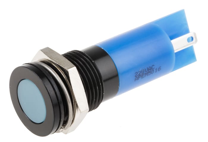 RS PRO Blue Panel Mount Indicator, 220V ac, 14mm Mounting Hole Size, Solder Tab Termination, IP67