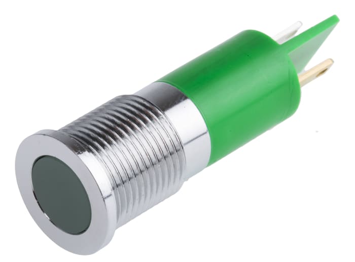 Indikátor pro montáž do panelu 14mm Zapuštěné barva Zelená, typ žárovky: LED Pájecí plíšek, 6 → 36V dc RS PRO