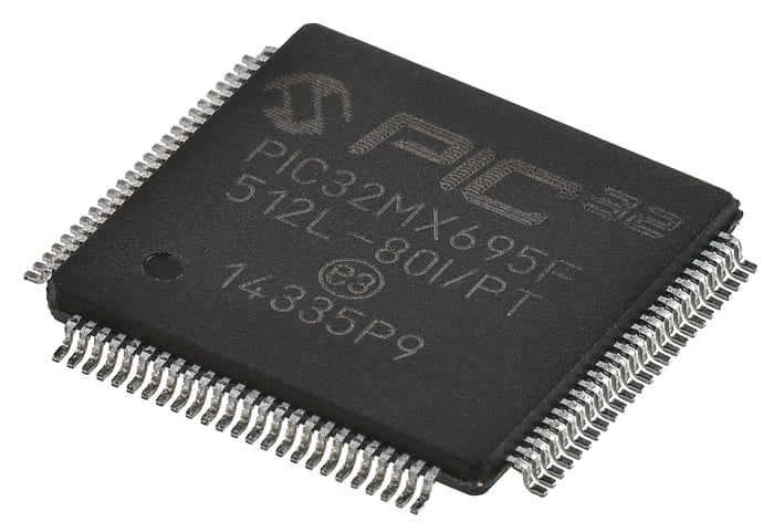 Microcontrolador Microchip PIC32MX695F512L-80I/PT, núcleo PIC de 32bit, RAM 128 kB, 80MHZ, TQFP de 100 pines