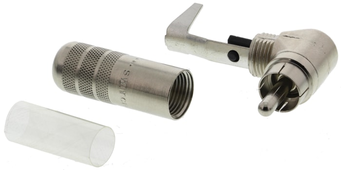 Fiche RCA Switchcraft Mâle, Montage sur câble Angle droit, Contacts plaqués Nickel