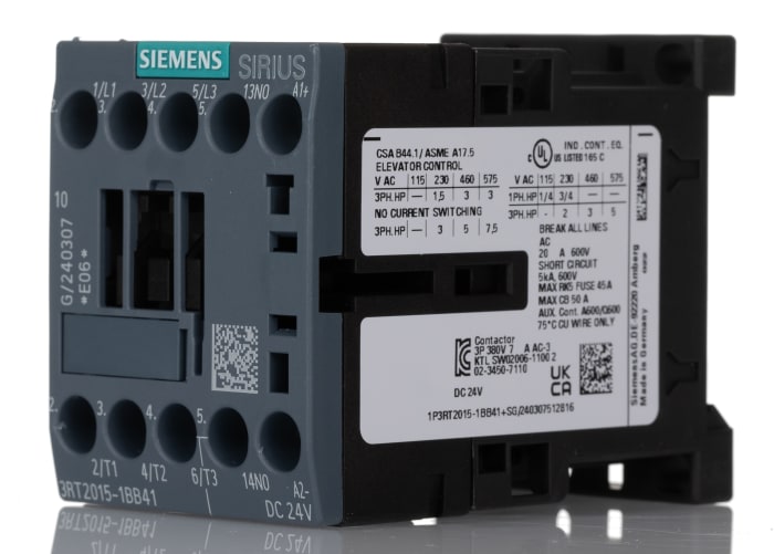 Siemens SIRIUS 3RT Size S00, 3RT2 Contactor, 24 V dc Coil, 3-Pole, 7 A, 3 kW, 1NO, 400 V ac