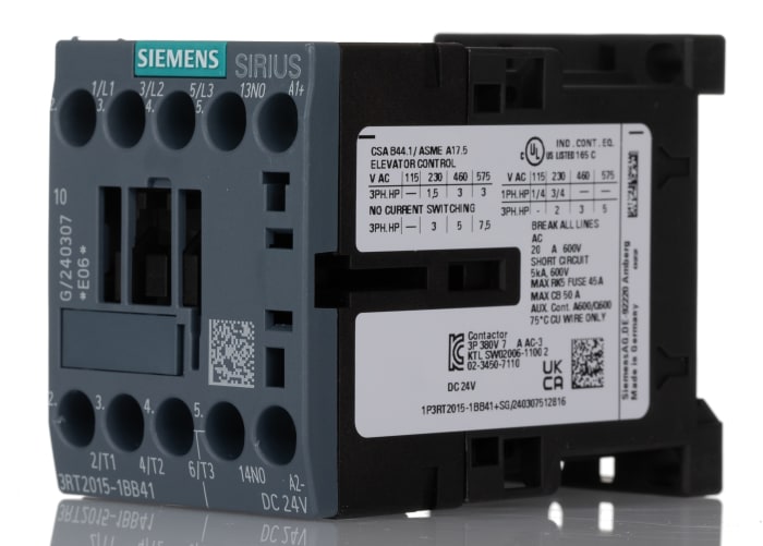 Siemens SIRIUS 3RT2 Contactor, 24 V dc Coil, 3-Pole, 7 A, 3 kW, 3NO, 400 V ac