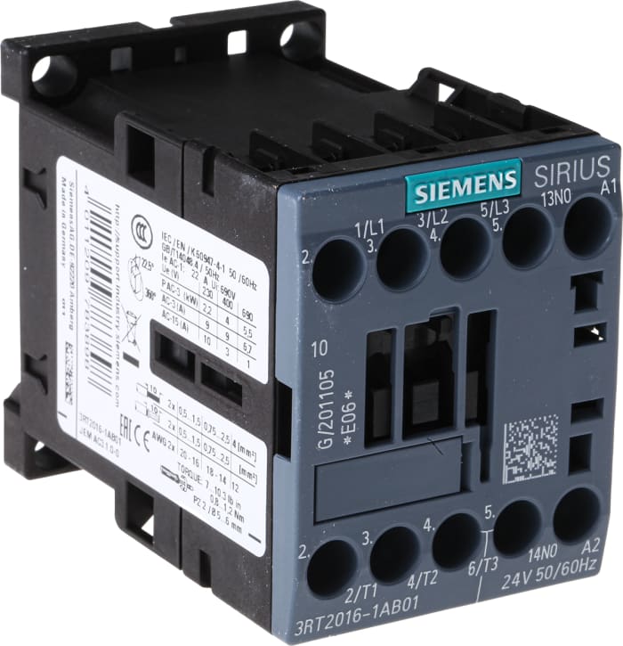 Siemens SIRIUS 3RT Size S00, 3RT2 Contactor, 24 V ac Coil, 3-Pole, 9 A, 4 kW, 3NO, 400 V ac