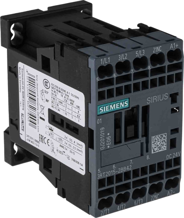 Siemens SIRIUS 3RT Size S00, 3RT2 Contactor, 24 V dc Coil, 3-Pole, 7 A, 3 kW, 3NO, 400 V ac