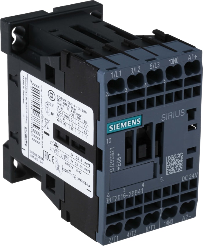 Siemens SIRIUS 3RT Size S00, 3RT2 Contactor, 24 V dc Coil, 3-Pole, 9 A, 4 kW, 3NO, 400 V ac