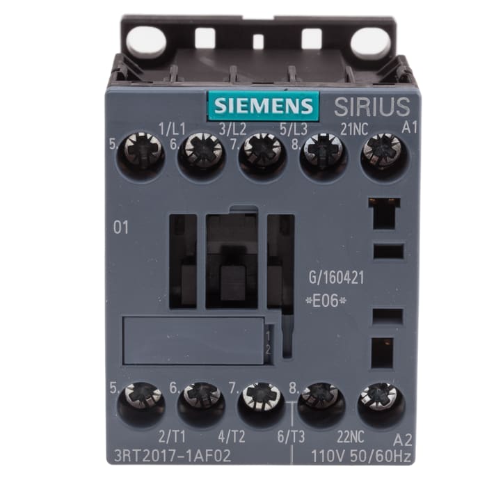 Siemens 3RT2 Contactor, 110 V Coil, 3-Pole, 12 A, 5.5 kW 110 V, 3 NO, 400V