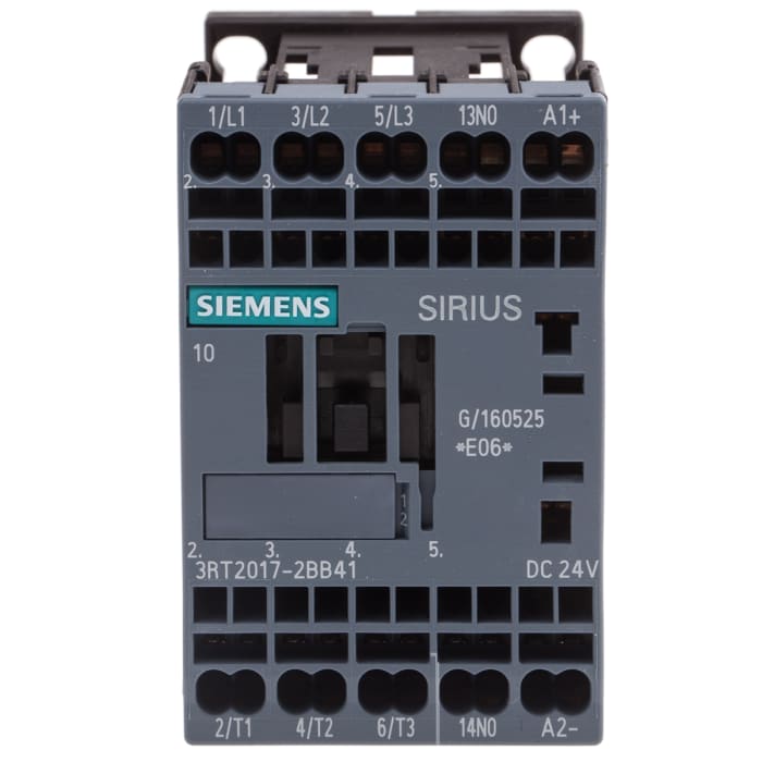 Contactor Siemens SIRIUS 3RT Size S00, 3RT2 de 3 polos, 3 NA, 12 A, bobina 24 Vdc, 5,5 kW