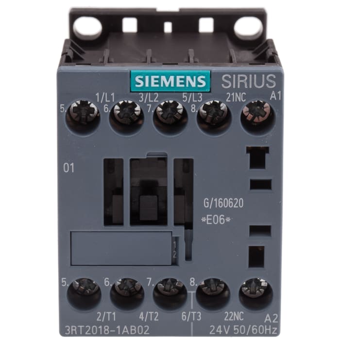 Contactor Siemens SIRIUS 3RT2 de 3 polos, 3 NA, 16 A, bobina 24 Vac, 7,5 kW