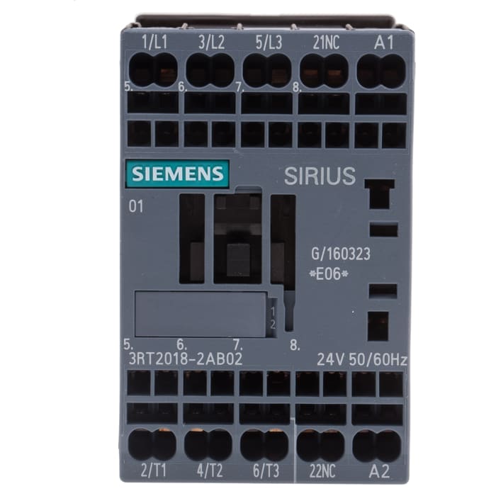 Siemens 3RT2 Contactor, 24 V ac Coil, 3-Pole, 16 A, 7.5 kW 24 V ac, 3 NO, 400V ac
