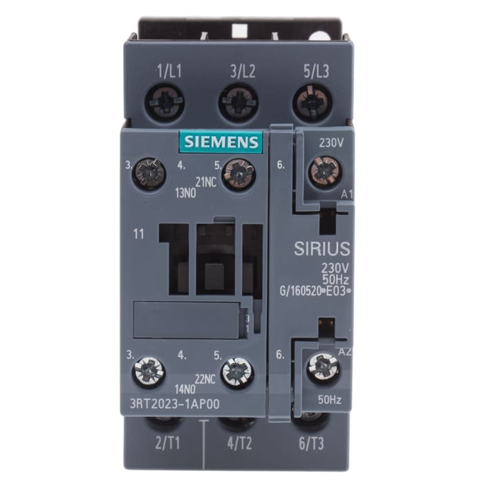 Siemens SIRIUS 3RT Size S0, 3RT2 Contactor, 230 V ac Coil, 3-Pole, 9 A, 4 kW, 3NO, 400 V ac