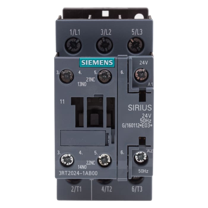 Siemens SIRIUS 3RT Size S0, 3RT2 Contactor, 24 V ac Coil, 3-Pole, 12 A, 5.5 kW, 3NO, 400 V ac