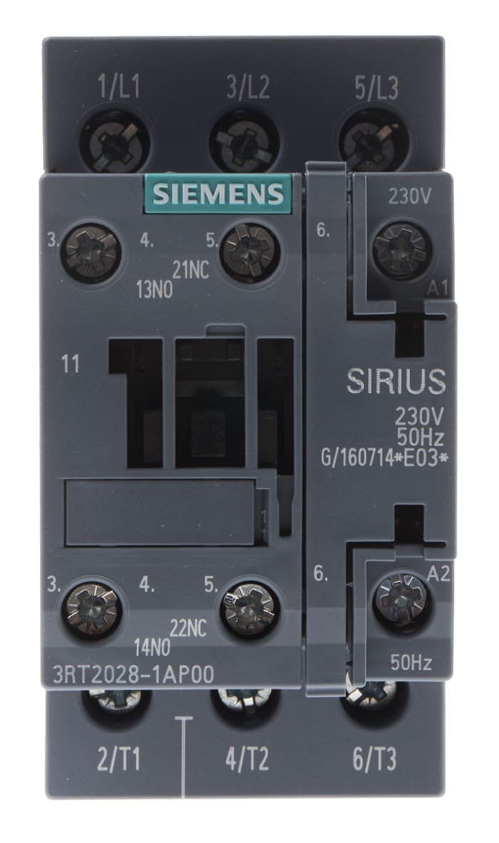 3RT2028-1AN20 Siemens, Siemens Contactor, 220 V ac Coil, 3-Pole, 38 A,  18.5 kW, 1NO + 1NC, 216-2877