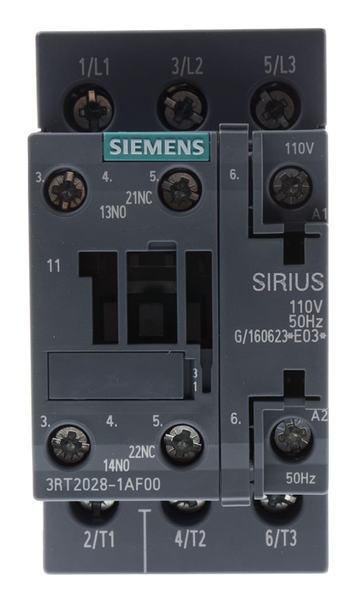 Siemens SIRIUS 3RT Size S0, 3RT2 Contactor, 110 V ac Coil, 3-Pole, 38 A, 18.5 kW, 3NO, 400 V ac