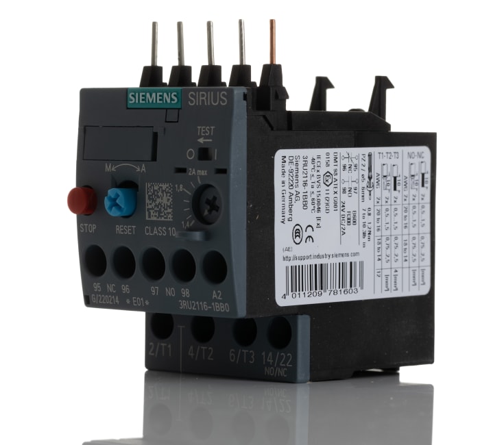 Siemens SIRIUS 3RU2 Thermal Overload Relay 1NO + 1NC, 1.4 → 2 A F.L.C, 2 A Contact Rating, 0.75 kW, 3P, SIRIUS