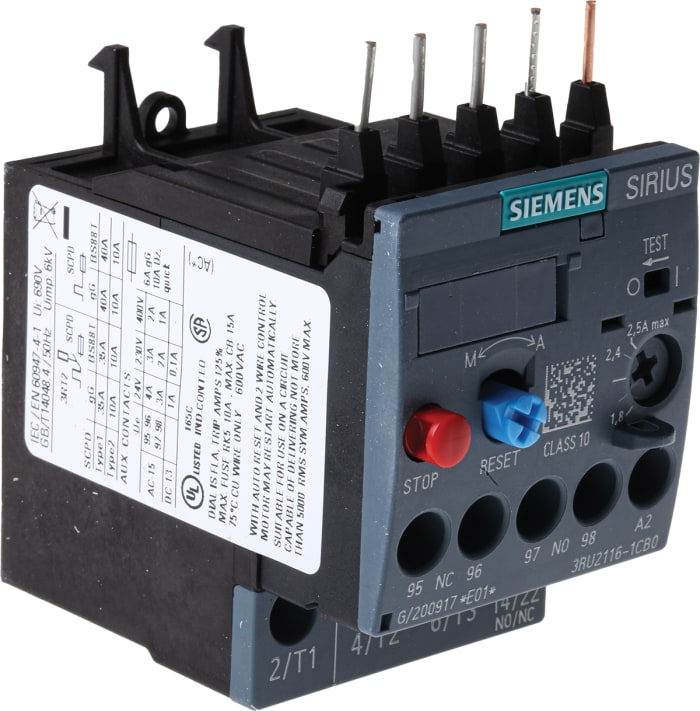 Siemens SIRIUS 3RU2 Thermal Overload Relay 1NO + 1NC, 1.8 → 2.5 A F.L.C, 2.5 A Contact Rating, 0.75 kW, 3P,